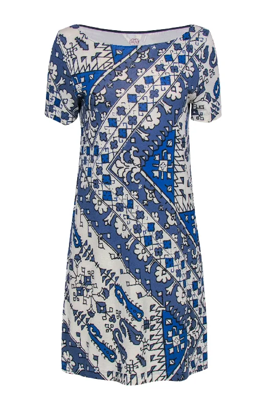 Tory Burch - Cream & Blue Bohemian Print Cotton T-Shirt Dress Sz M