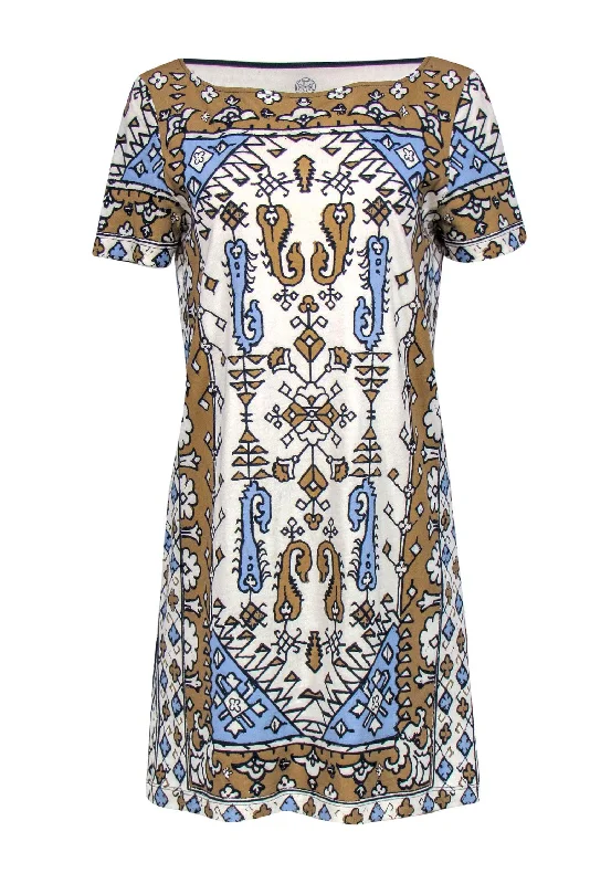 Tory Burch - Cream, Tan & Blue Bohemian Print Cotton T-Shirt Dress Sz M