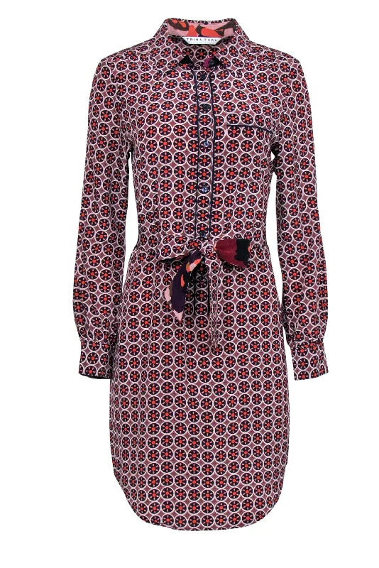 Trina Turk - Tan & Multicolored Geometric Print Belted Shirtdress Sz S