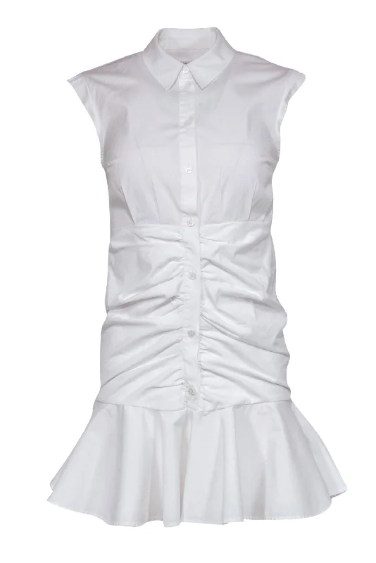 Veronica Beard - White Ruched Button-Up Shirt-Style Sheath Dress w/ Flounce Hem Sz 0