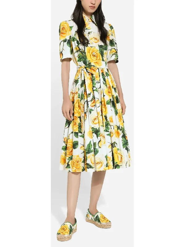 Yellow Rose Print Cotton Shirt Dress