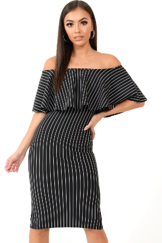 Black Pinstripe Frill Bardot Bodycon Midi Dress -Jovey