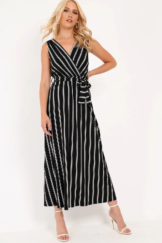 Black White Stripe Plunge Wrap Maxi - Skyelin