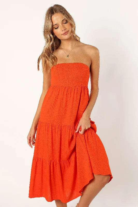 Tabi Strapless Midi Dress - Coral Red