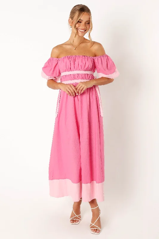 Tailor Off Shoulder Midi Dress - Pink