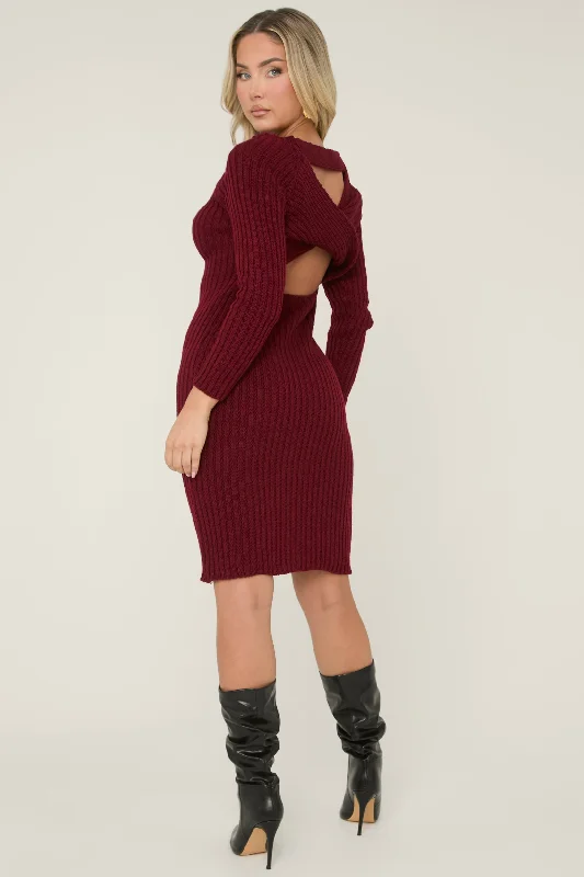 Wine Open Twist Back Midi Bodycon Jumper Dress - Karrah